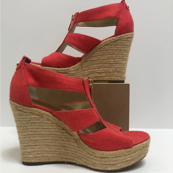 MICHAEL Michael Kors Linen Wedge Sandals Spiced Coral Size 5 - Picture 2 of 14
